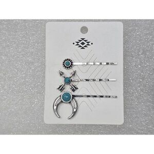 South Western Style Silver Tone & Faux Turquoise Hair Pins Set Of 3